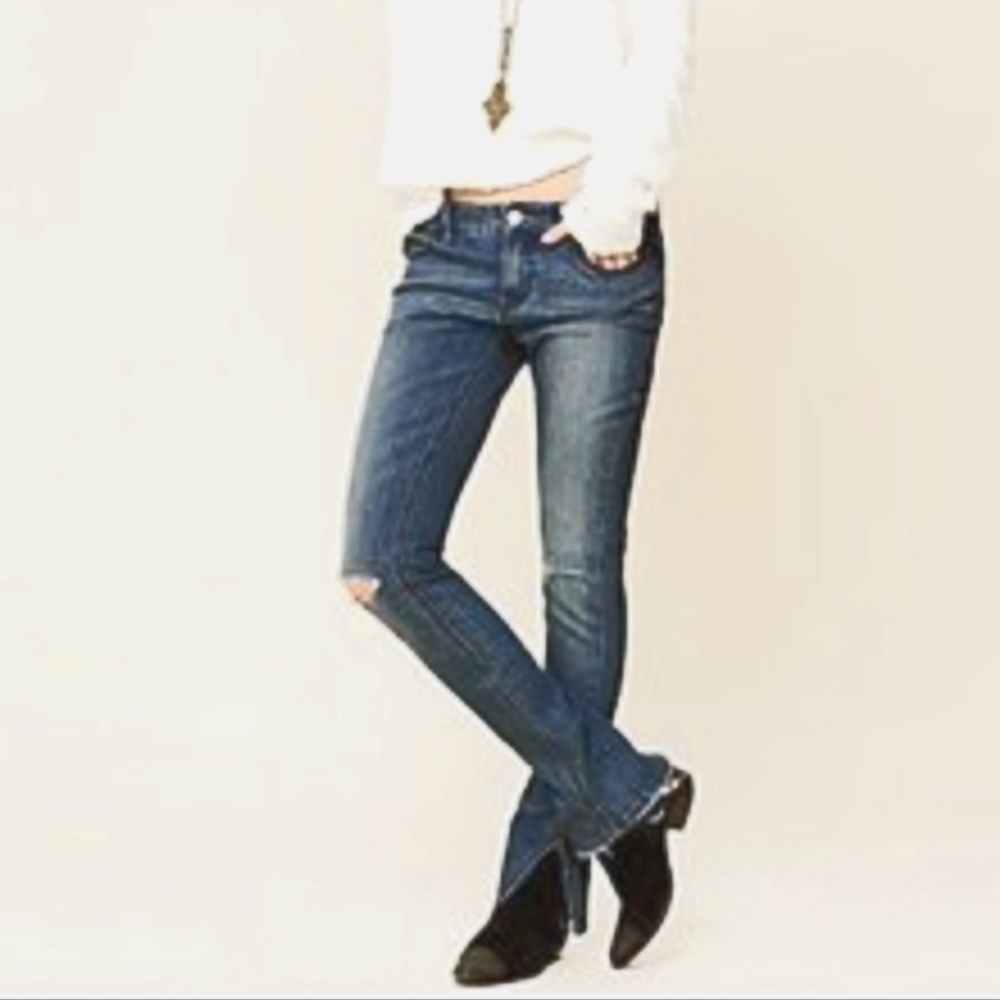 FREE PEOPLE Distressed Split Hem Medium Wash Jeans